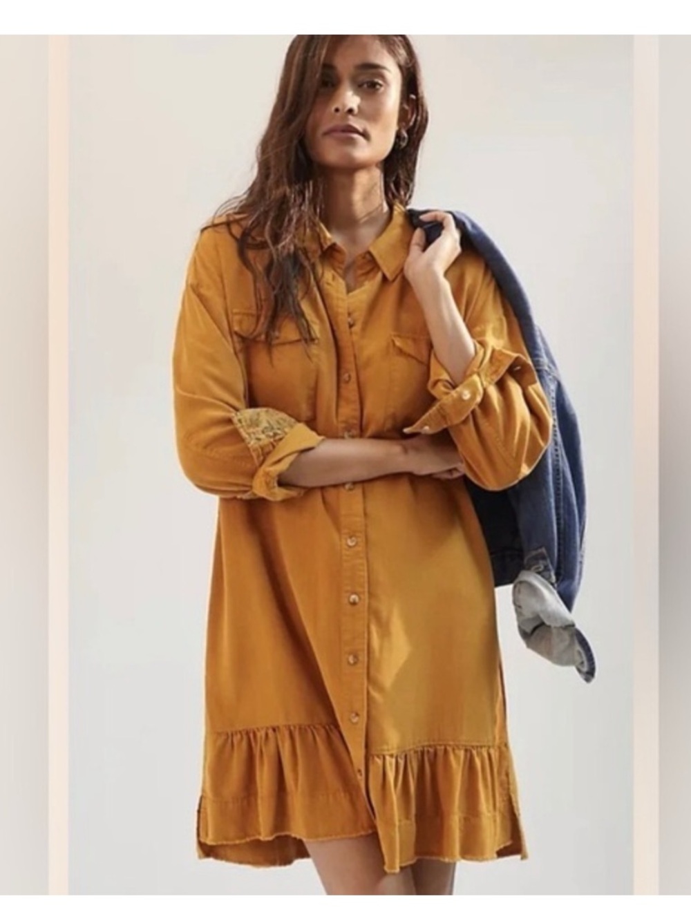 Anthropologie Pilcro Shirt Dress Button-down Gold Tunic Babydoll Mustard Sz XS